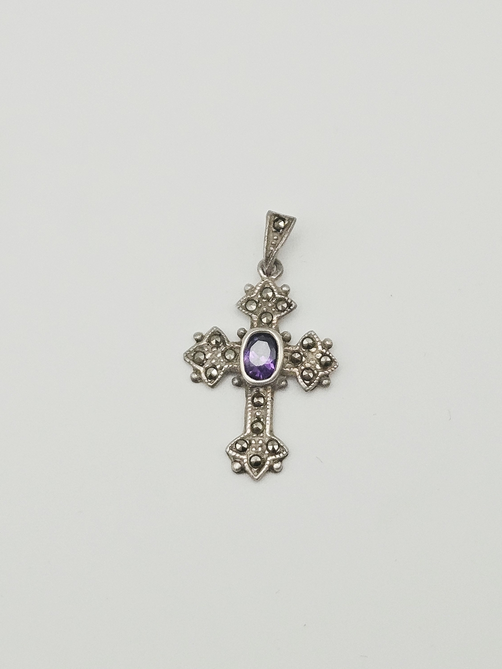 Sterling Silver CW 925 Cross Necklace with Amethyst And Marcasites